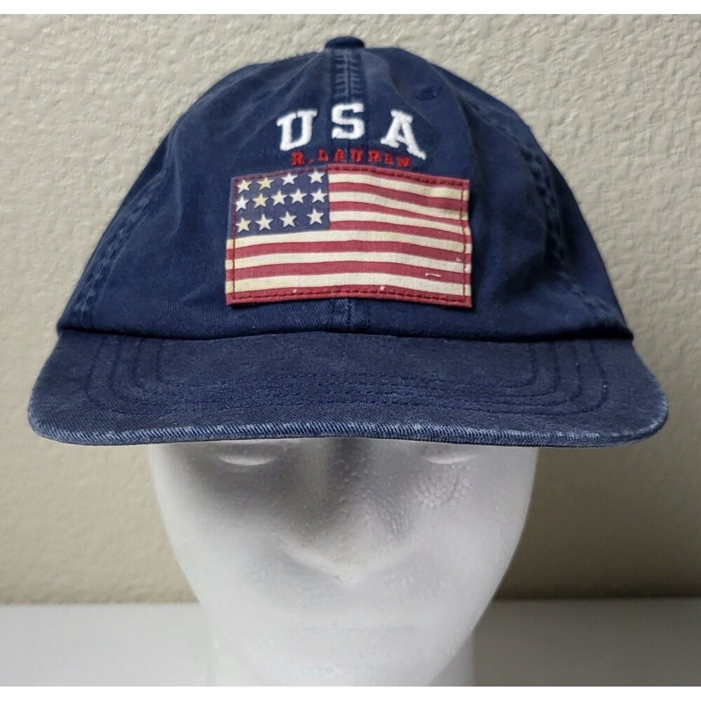 Vintage Polo by Ralph Lauren USA Flag Unisex Ball Cap Hat Navy Blue Strap Back